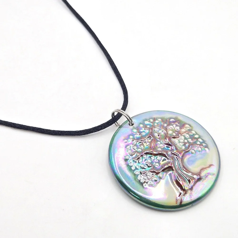 Handmade Ceramic Pendant Necklace Tree of Life Iridescent J.W. Johnson 2023 Cord